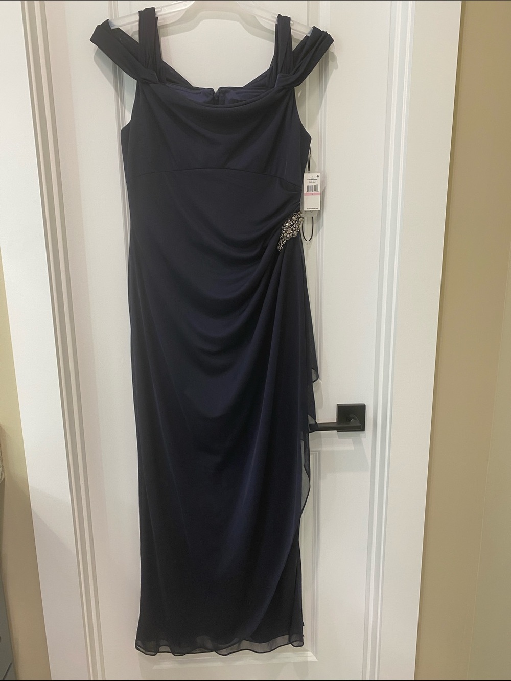 NWT Alex Evenings Navy Off-Shoulder Dress with beaded detail at hip Size 10